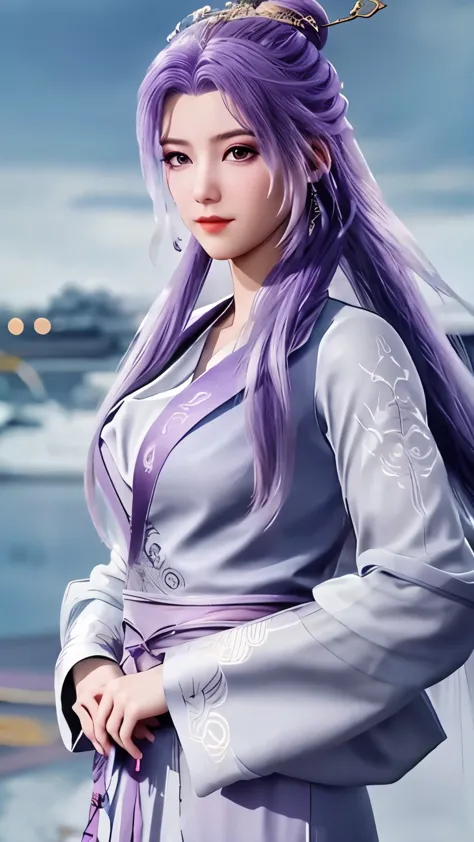 good quality，ultra-clear，lifelike，1 girl，purple hair，long hair，a chinese-style dress，chinese dress，solo