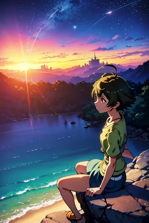 Anime girl sitting on a rock and looking at the sky,A sky-piercing tower far away, Makoto Shinkai cyril rolando, Anime art wallp...