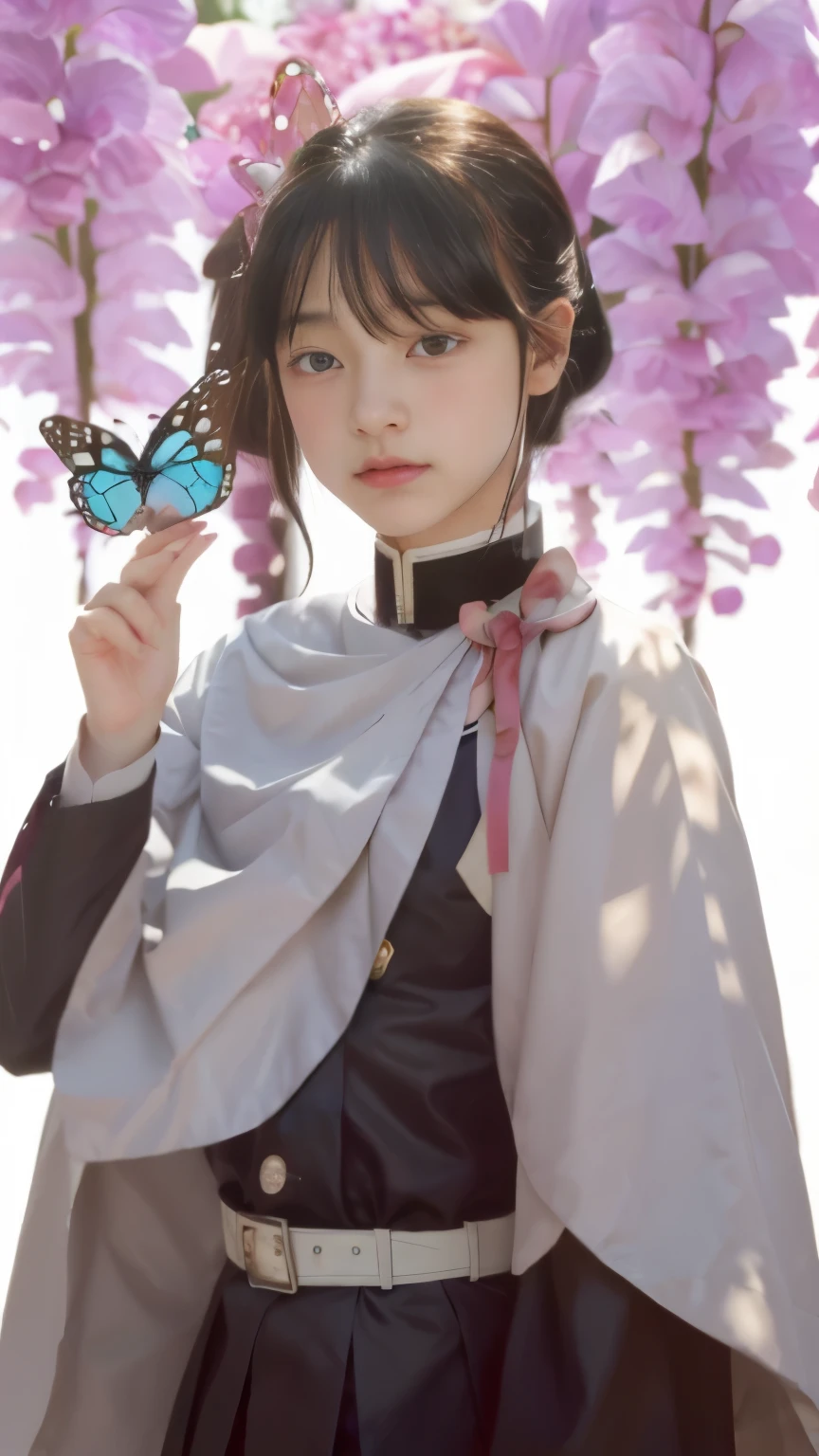 une fille avec un papillon à la main et un papillon à la main, par Jin Homura, inspiré de Munakata Shikō, inspired par Jin Homura, délicat prince androgyne, le romantisme gisait, hijikata toushirou, mage aux cheveux noirs, une femme de chambre dans une forêt magique, style artistique anime moe, Madoka Kaname