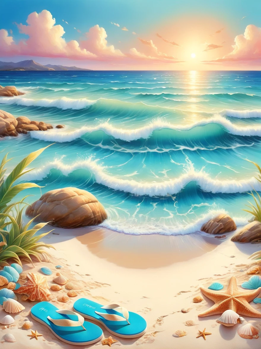 Envision a serene picturesque beach scene, captured in the soft and fluid painting style associated with watercolor artistry. In the foreground, soft golden sand is scattered with an assortment of seashells of various shapes and sizes. A beach towel, a sun hat, and a pair of flip-flops suggests a day of relaxation. Rolling turquoise waves gradually meeting the shore, creating a delicate frothy white lace at the edge. Behind, an endless expanse of azure ocean stretches out to merge into a beautifully gradient sky, transitioning from a deep blue at the zenith to a soft pinkish hue at the horizon. Wisps of clouds dot the expanse, accentuating the tranquility of the scene.
