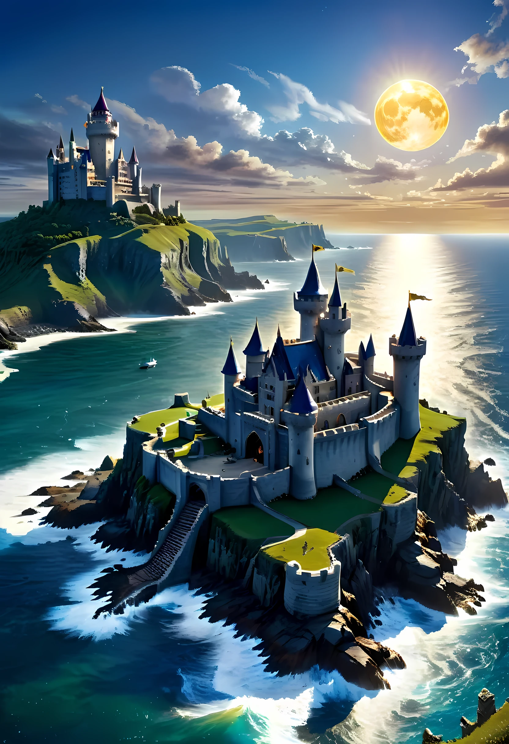 A National Geographic, award winning, picture of a mighty castle on top of cliff watching the blue coast, there is a large sea and rolling waves, eagles fly above, its a fantasy castle, the sun is setting, ant you can see the moon rising, ultra wide shot, photorealistic, RAW, fantasy art, dnd art, fantasy art, realistic art, colouredglazecd_xl