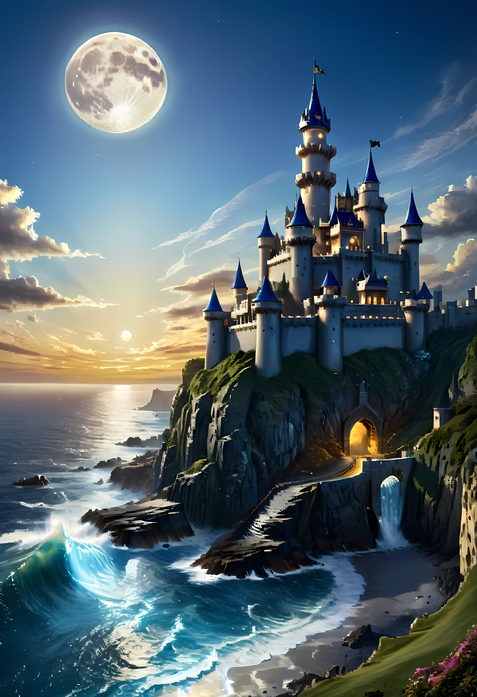 A National Geographic, award winning, picture of a mighty castle on top of cliff watching the blue coast, there is a large sea and rolling waves, eagles fly above, its a fantasy castle, the sun is setting, ant you can see the moon rising, ultra wide shot, photorealistic, RAW, fantasy art, dnd art, fantasy art, realistic art, colouredglazecd_xl