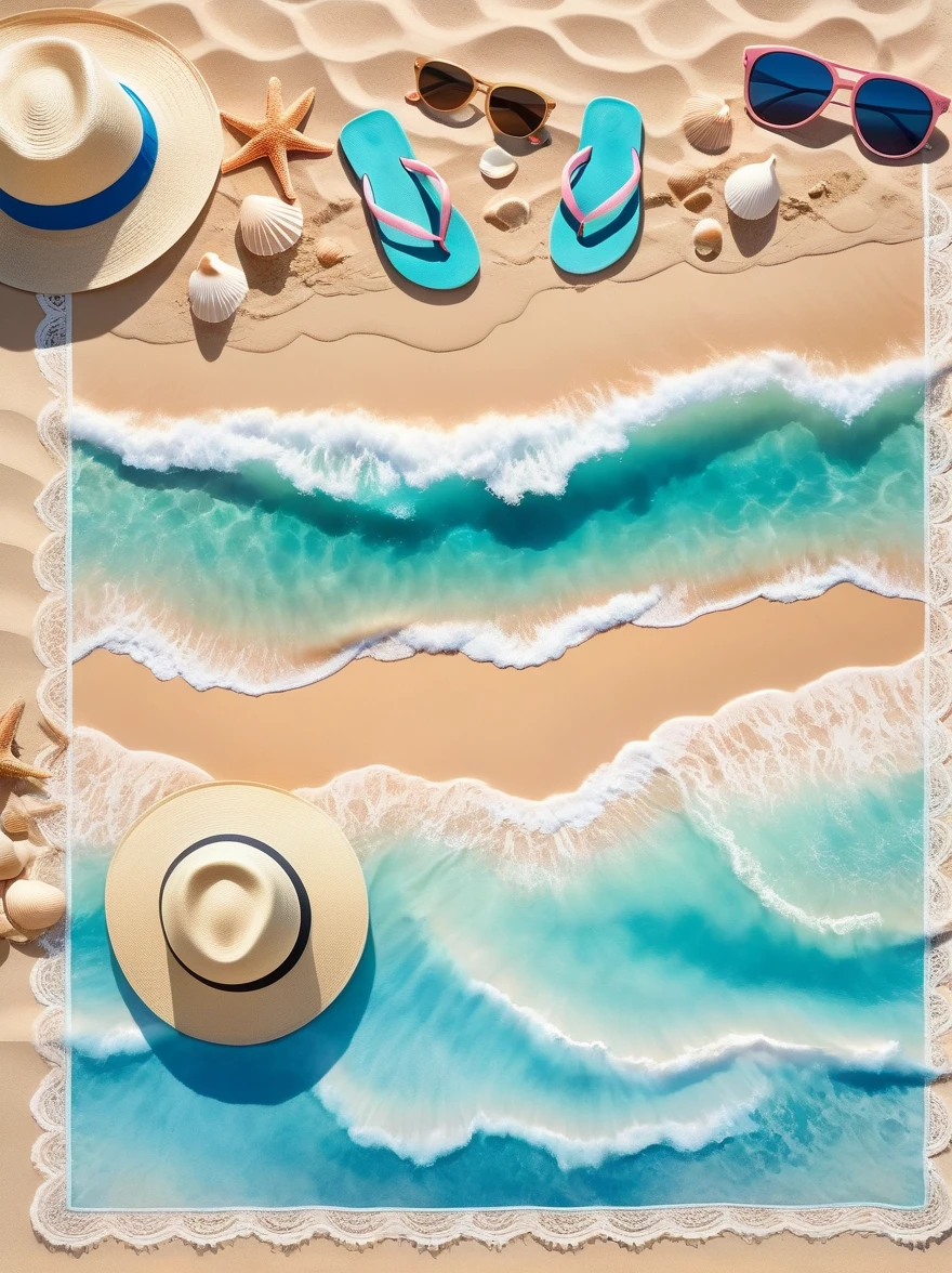 Envision a serene picturesque beach scene, captured in the soft and fluid painting style associated with watercolor artistry. In the foreground, soft golden sand is scattered with an assortment of seashells of various shapes and sizes. A beach towel, a sun hat, and a pair of flip-flops suggests a day of relaxation. Rolling turquoise waves gradually meeting the shore, creating a delicate frothy white lace at the edge. Behind, an endless expanse of azure ocean stretches out to merge into a beautifully gradient sky, transitioning from a deep blue at the zenith to a soft pinkish hue at the horizon. Wisps of clouds dot the expanse, accentuating the tranquility of the scene.
