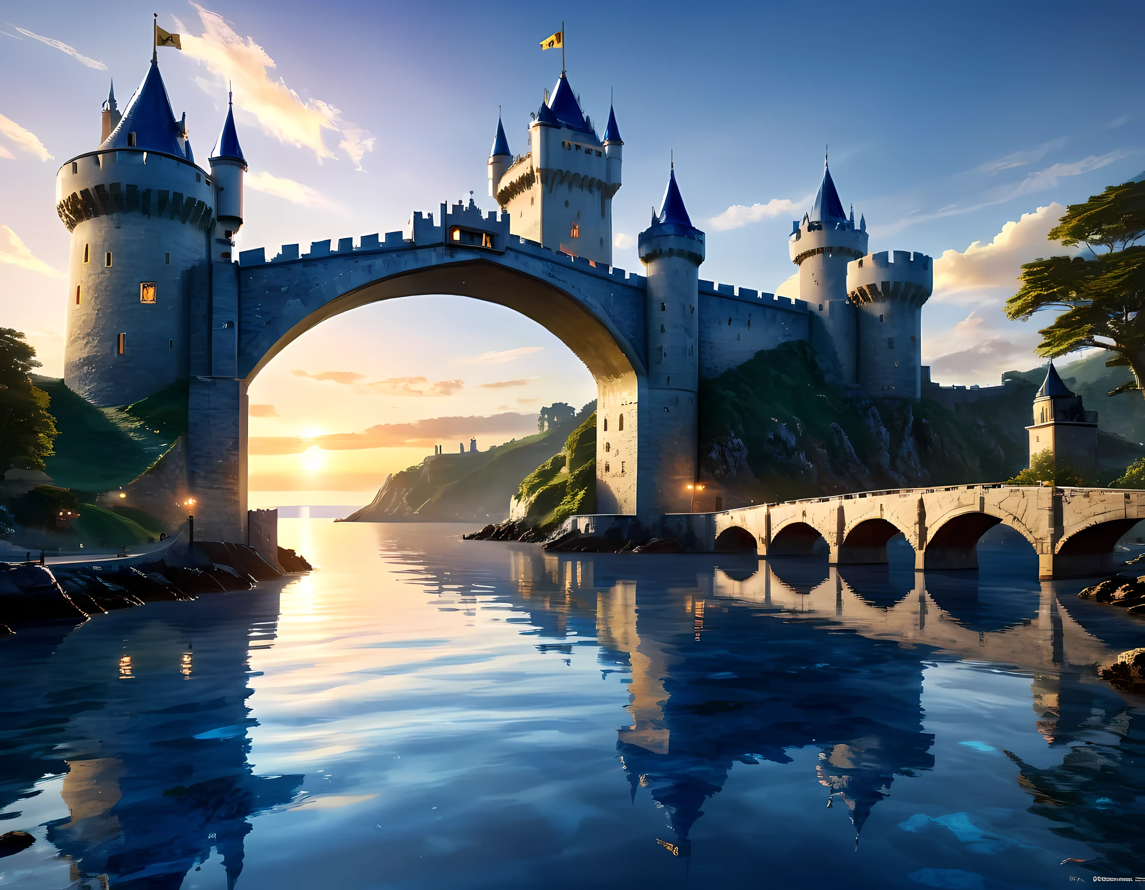 fantasy art, RPG art, photographic, National Geographic quality picture, award winning, (Best Detailed: 1.5), (best quality: 1.5) picture of an epic 1solocastle near the blue sea at dawn, it is a Middle ages castle it is master crat artistry, state of the art military architecture, perfect for defending its king, majestic castle, there are (4 towers: 1.2), (massive walls: 1.2), (barbicans: 1.2), (flags: 1.2), ( a bridge: 1.2), (banners flying high: 1.3)the entire castle is being reflected in the sea in a perfect image (Best details, Best quality: 1.5), the (blue: 1.3) sea is calm and placid, its dawn, the sun is rising, there some light clouds in the sky, and sun rays, behind the castle the sea has many shades of blue, best quality, (extremely detailed), ultra wide shot, photorealism, depth of field, hyper realistic, 2.5 rendering, colouredglazecd_xl