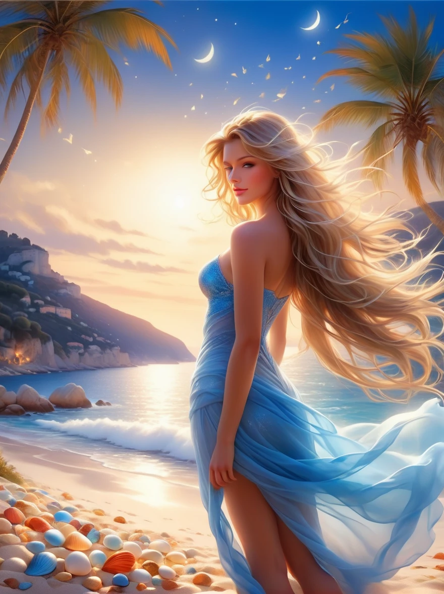 (Vision:1.5)，night，(Romantic Blue Coast:1.5)，Coastal Focus，Beautiful woman with long flowing hair and white gauze，Relax on the beaches of the picturesque French Riviera，The white sandy beach blends perfectly with the clear blue sea，nearby，Colorful shells scattered randomly，Tall and sturdy palm trees sway gently in the moonlight，Give the quiet earth a layer of deep night light，Fairy Tale Style，Light and shadow mottled，Fantastic surreal，chiffon，Starlight