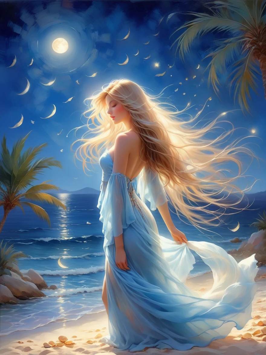 (비전:1.5)，밤，(로맨틱 블루 코스트:1.5)，해안 집중，길게 흐르는 머리와 하얀 거즈를 가진 아름다운 여자，그림 같은 프랑스 리비에라의 해변에서 휴식을 취해보세요，하얀 모래사장과 맑고 푸른 바다가 완벽하게 어우러져，가까운，무작위로 흩어져있는 다채로운 껍질，크고 튼튼한 야자나무가 달빛에 부드럽게 흔들린다.，Give the quiet earth a layer of deep 밤 light，동화 스타일，빛과 그림자가 얼룩덜룩하다，환상적인 초현실적，쉬폰，별빛