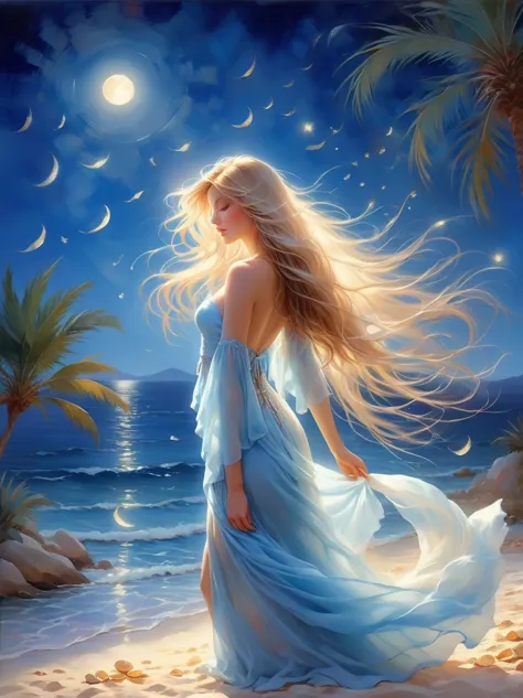 (Vision:1.5)，night，(Romantic Blue Coast:1.5)，Coastal Focus，Beautiful woman with long flowing hair and white gauze，Relax on the b...