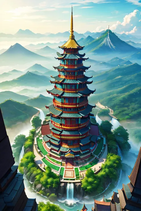 2. Mountain view with waterfall and temple in the middle, The scene drawn by Han Gan, CG Community Contest Winner, Imagination a...