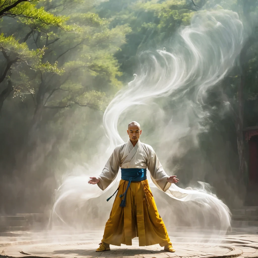 A Shaolin monk acting,
Qi explosion, spirit barrier, mystique energy, Prana streams, Yin yang balance,
volumetric fog,
bald, meadow,xianxia，stand