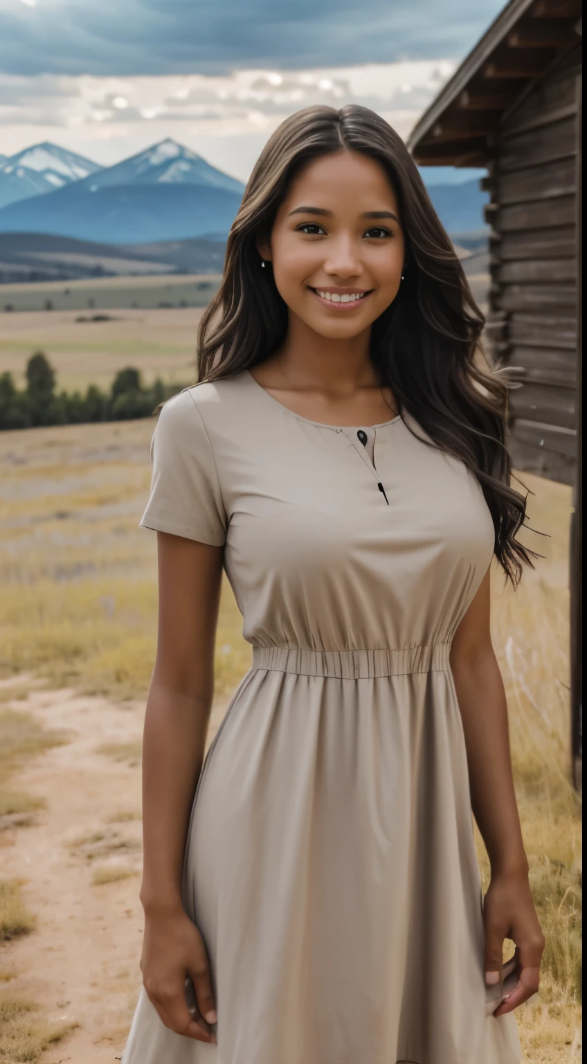 Foto hiperrealista en primer plano de Kelsey Asbille (native American ((light dark skin))), masterpiece, best quality, (photorealistic:1.4), full body,  (beige short sleeves church dress:1.2)), on the ranch, grey day, Montana mountains in the background, cinematic light, beautiful woman, skinny, large big breasts, black long hair, detailed face, smile, facing the camera, photo taken from a distance, age of 25 years old, camera filter on pastel gray colors,, grey filter on camera