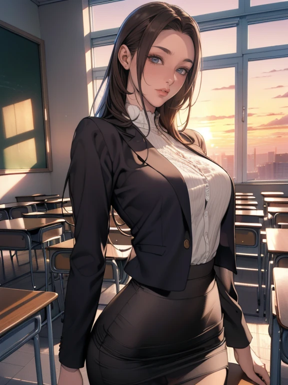 (8k,Photorealistic, masutepiece, Best Quality, Raw photo:1.3)、1woman in, 25years old,Solo,school girl, Long hair, Brown hair, Detailed beautiful face, alluring face, (Detailed beautiful brown eyes:1.2), medium breasts,(loose suit, sheer pencil Skirt :1.35), ( Perfect body skinny beauty: 1.4),( temptation Pose:1.3), (Looking at Viewer, front view,eyes focus:1.2), Detailed background, (sunset:1.2), classroom,fine detailed, intricate detailes,  Ray tracing, depth of fields, seductive smile,classroom,