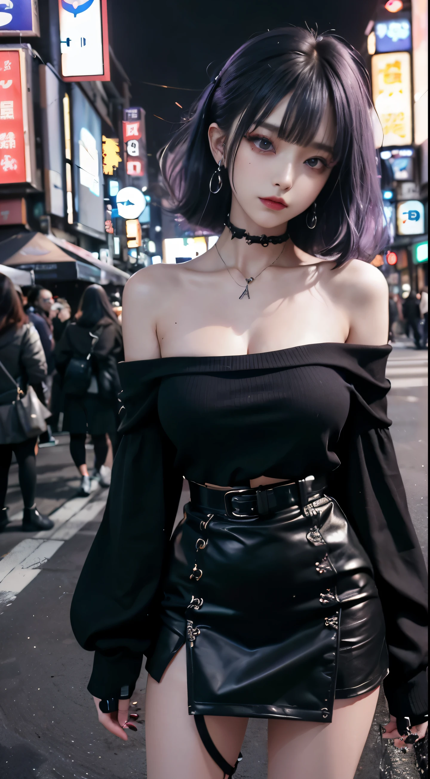 4K - Ultra Sharp、best quality, masterpiece, ultra high resolution, (reality: 1.4),  16 year old girl, purple eyes, off-the-shoulder sweater dress, movie lights、purple and black hair、(Mine Girl、Goth Makeup、mine makeup)、(pierced ears、big bust、Oversized black t-shirt with open shoulders、Dark mini skirt)、((dark makeup、oil skin,shiny skin、reality적인 피부 질감、detailed beautiful skin、glowing skin)), nightの暗い繁華街、night、blue film photography、Kabukicho、dark cyberpunk、(full shot:1.8)、thin legs、thin arms、Thin shoulders、thin waist、slim body、big bust、whole body