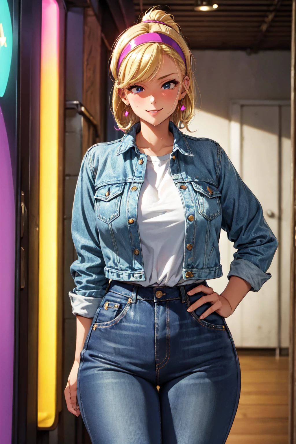 (high quality, High resolution, Finer details), Retro Fashion, Neon Light, outfits from the 80's, High Waist Jeans, colorful pattern, Patchwork Denim Jacket, Funky Earrings, Stylish headband, alone, Curvy Women, blonde, Big Hair, Slicked back hair, Sparkling eyes, (fine grain:1.2), (Bright makeup:0.2), smile, blush, Sweat, Oily skin, Shallow depth of field，logic，Abdominal logics
