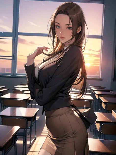 (8k,Photorealistic, masutepiece, Best Quality, Raw photo:1.3)、1woman in, 25years old,Solo,school girl, Long hair, Brown hair, De...