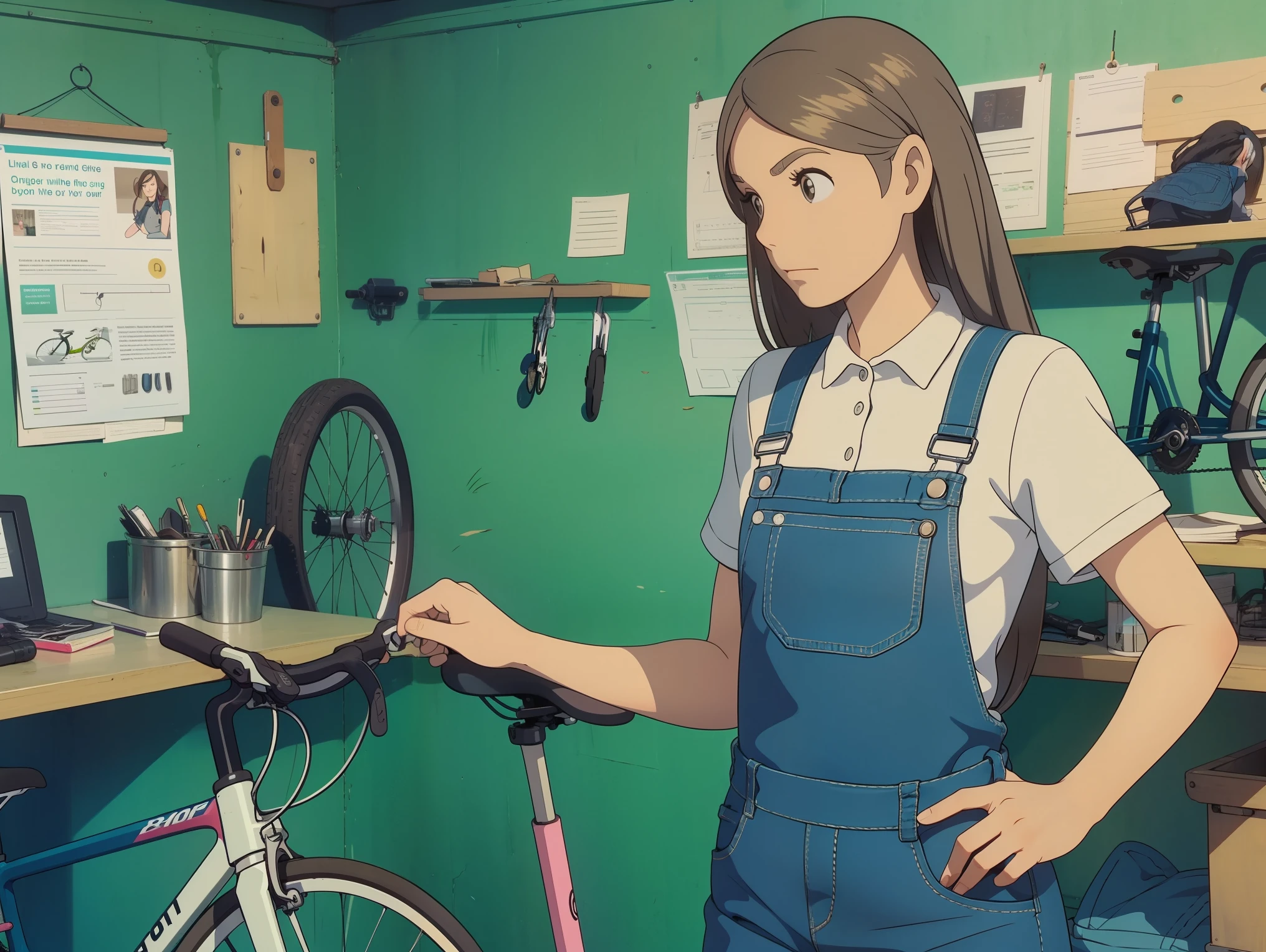 Uma oficina de bicicletas em que uma mulher com longos cabelos castanhos trabalha em uma bicicleta e usa macacão jeans com top e camisa