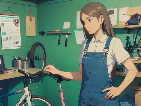 A bicycle workshop in which a woman with long brown hair is working on a bicycle and wearing denim dungarees with a top and shirt