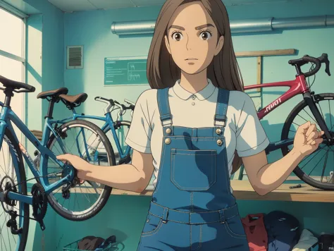 A bicycle workshop in which a woman with long brown hair is working on a bicycle and wearing denim dungarees with a top and shirt
