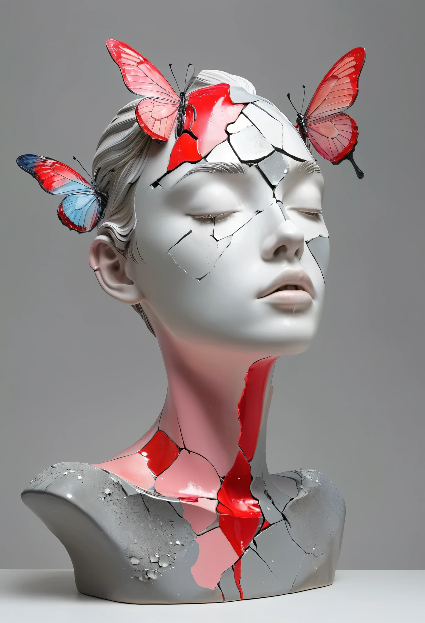 ((display，Still life table，Artistic statues，3D Sculpture，ceramics，Surface cracks，Shattered Texture)), The skin is painted in soft colors. Shades include soft pink, bluth, , and red, Create a fusion，Showing the beauty of nature. This artwork is presented on a grey background，To emphasize its artistic quality.
