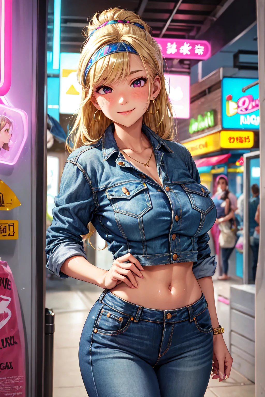 (high quality, High resolution, Finer details), Retro Fashion, Neon Light, outfits from the 80's, High Waist Jeans, colorful pattern, Patchwork Denim Jacket, Funky Earrings, Stylish headband, alone, Curvy Women, blonde, Big Hair, Slicked back hair, Sparkling eyes, (fine grain:1.2), (Bright makeup:0.2), smile, blush, Sweat, Oily skin, Shallow depth of field,Abdominal muscles,Muscular
