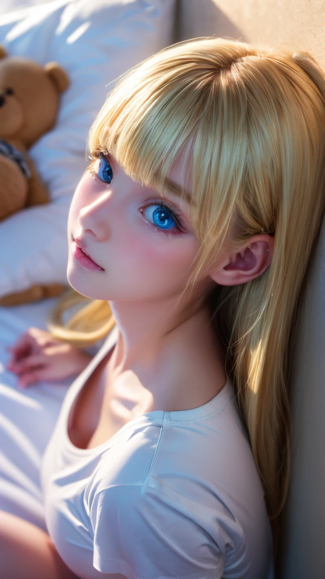 Beautiful and innocent 20 year old blonde girl、Beautiful shining platinum blonde hair、bangs fall on face、((Wearing an open white T-shirt,Dramatic Pose)),sexy look,Super long straight blonde silky hair,Bed Background,Beach Background、RAW Photos, (8k、highest quality、masterpiece:1.2)、(Intricate details:1.4)、(Realistic:1.4)、Octane Rendering、Exquisite 3D rendering with ultra-detailed detail, Studio Soft Light, Rim Light, Sharp details, Super Detail, Realistic skin texture, Cheek gloss、detailed aspects, Very beautiful bright pale blue eyes, Very big eyes、Highly detailed CG Unity 16k wallpaper, Perfect beauty、Round face、Compensate, (Detailed Background:1.2), Shiny skin, whole body、From head to thighs、Cleavage,((sleep with your head up、Top View Angle))