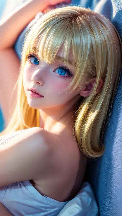 Beautiful and innocent 20 year old blonde girl、Beautiful shining platinum blonde hair、bangs fall on face、((Wearing an open white...