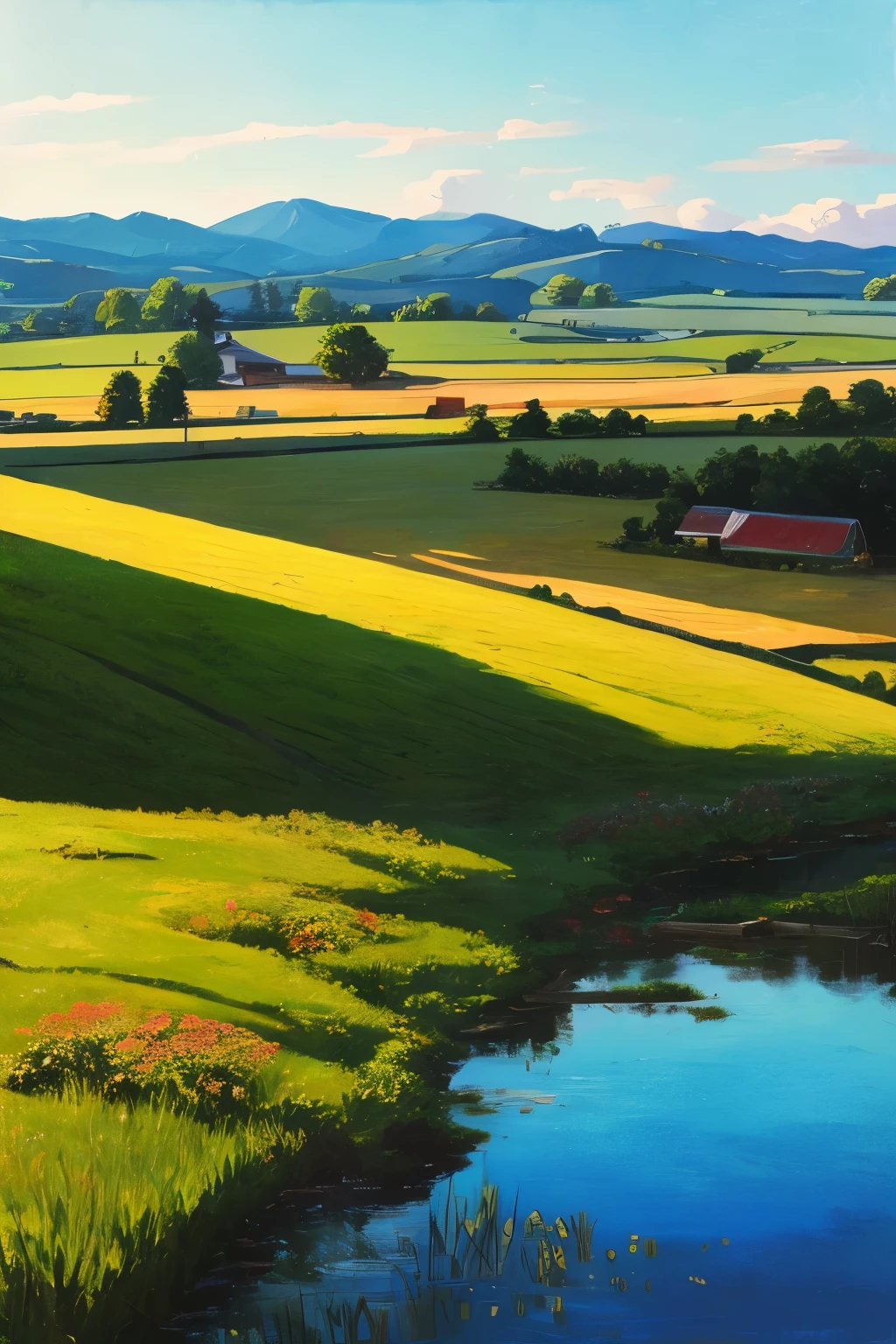 With the American farm as the background, number creator Dai Jin&#39;s illustrations depict an anime-style rural landscape with pure colors and Rich details, which is very beautiful and full of Artistic sense. The house and pond are detailed and lifelike, Presenting a realistic oil painting effect, It's amazing. (farm, American Scene, Anime rural scenery, number, Rich details, oil painting effect, Artistic sense)