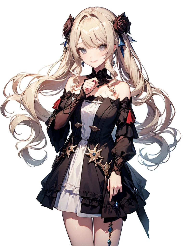 masterpiece, highest quality, High resolution, SA1, Floral off-shoulder dress, Sparkling eyes, False eyelashes，kind smile, Platinum blonde twin tails, Mature atmosphere, Rose,