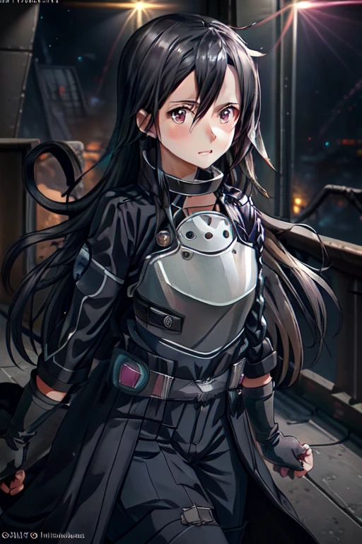 1 girl, cowboy shot, beautiful Kirito_GMOs, long hair, black hair, black eyes, on open air, Kirito_suit, night,city , volumetric lighting, Best quality, masterpiece, complex parts, tone mapping, sharp focus, hyper detailed, trending on artstation