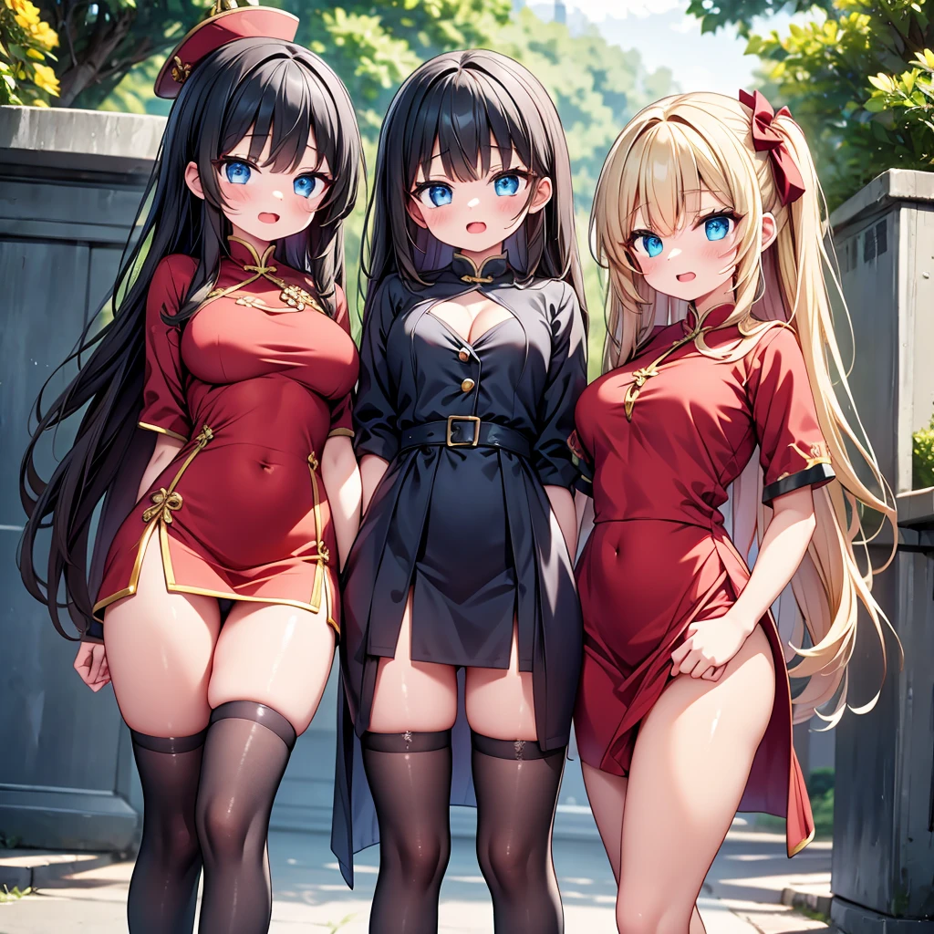 (cute eyes:1.2), (sparkling eyes:1.2), highest quality,wonderful,finely,extremely detailed CG Unity 8K wallpaper, (Stand in line:1.2), (3 girls, clothed), (red china dress:1.2), (Underboob:1.1), (open mouth:1.1), (long tongue:1.1), (mouth drool:1.1), (black stockings:1.1),(Thighs:1.2),(Waistline:1.2)