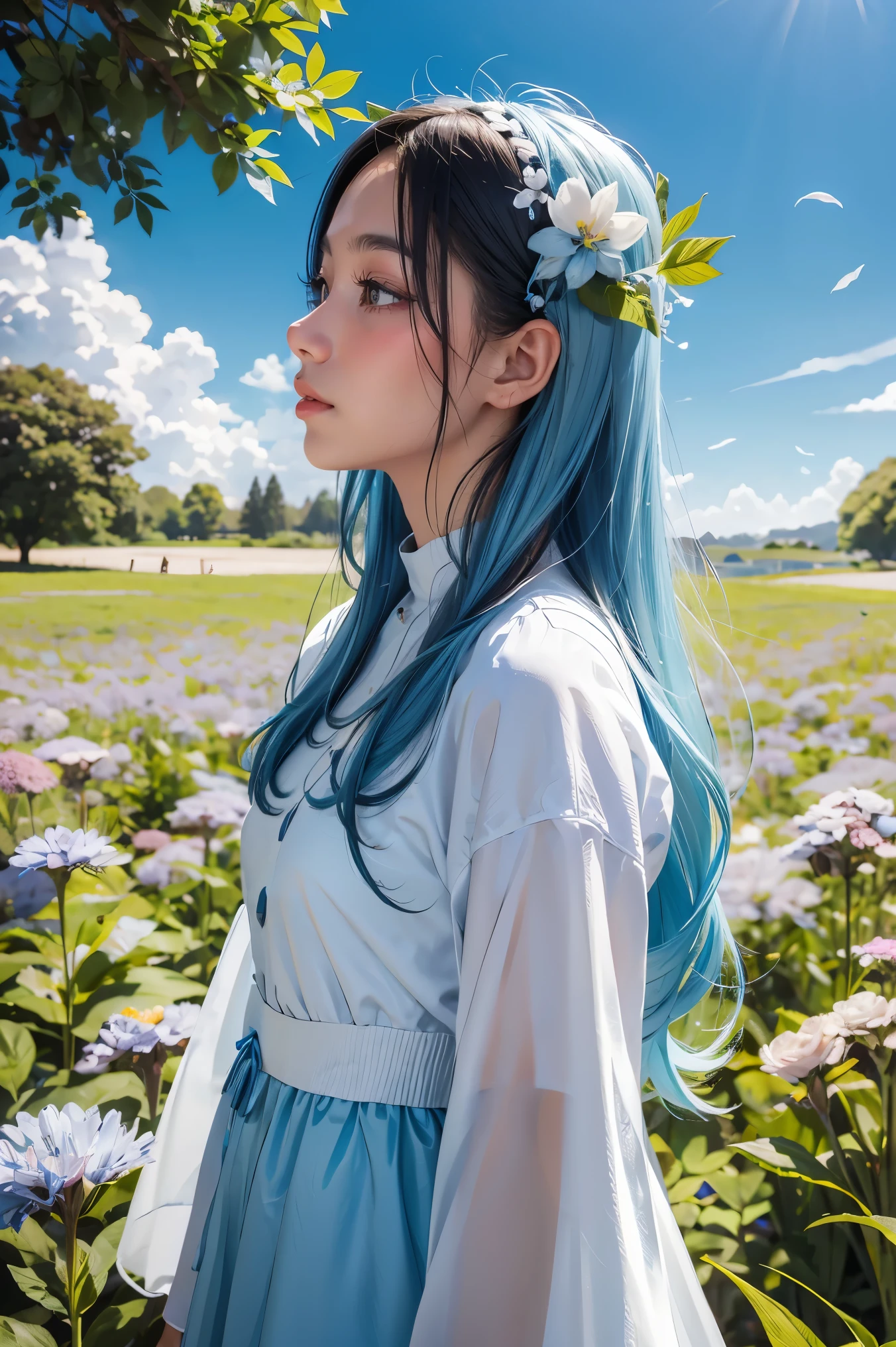 (absurdres, highres, ultra detailed, UHD, cinematic), solo, 1girl, mature, happy, girl standing in light blue flower field, light blue flower petal surrounding girl, full body, blue long hair girl, light blue hair, fantasy, dreamy, snowy, official art, pop art, profile, ultra detailed face, ultra detailed eyes, light blue flower field, ultra detailed field, white blue sky, cold, light blue, white,  nebula in the sky, blue tree, watercolor, pastel color