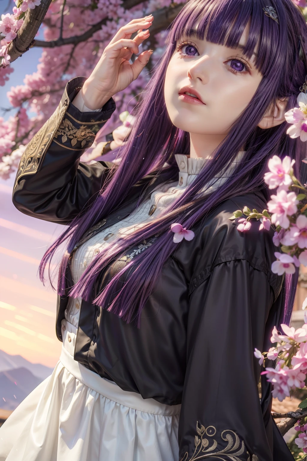 Fern, Fern, Long Hair, bangs, (Purple eyes:1.1), Purple Hair, Side Lock, blunt bangs, shirt, dress, Jacket, Open clothes, Food, white dress, Food down, (View your viewers), Outdoor, nature, (masterpiece:1.2), highest quality, High resolution, unity 8k wallpaper, (figure:0.8), (Beautiful fine details:1.6), Highly detailed face, Perfect lighting, Highly detailed CG, (Perfect Anatomy)