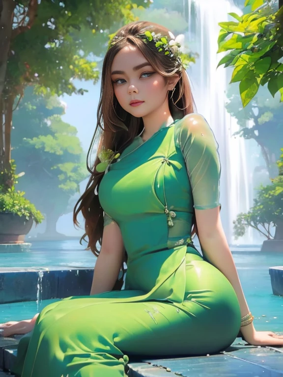 woman in a green dress sitting in a body of water, gorgeous woman, very beautiful top model, gorgeous lady, closeup fantasy with water magic, stunning elegant pose, pale tunic, flowing dress, cute woman, beautiful female model, beautiful goddess, summer season, wearing a dress made of water, stunning woman, varied poses, rainfall, soaked, dripping wet, sunlight