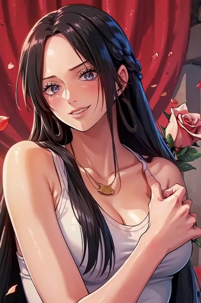 best quality, masterpiece, highly detailed,1girl,  ((rose)), (vine), cage, bandage, red rope, (detail light), falling rose petals, Boa Hancock, , (masterpiece:1.5), Detailed Photo, Smiling, Sexy, (8K, Best Quality: 1.4), (1girl), Beautiful Face, (anime realistic Face), (Black Hair, long Hair: 1.3), Beautiful Hairstyle, Realistic eyes, beautiful detail eyes, (white skin), beautiful skin, absurd, attractive, ultra high resolution, ultra realistic, high definition, golden ratio, (sexually aroused:1.5), Pinkish white skin, cool white light, sexy pose, Beautiful , white background, pink soft white light, Wear a white tank top, sexy armpit