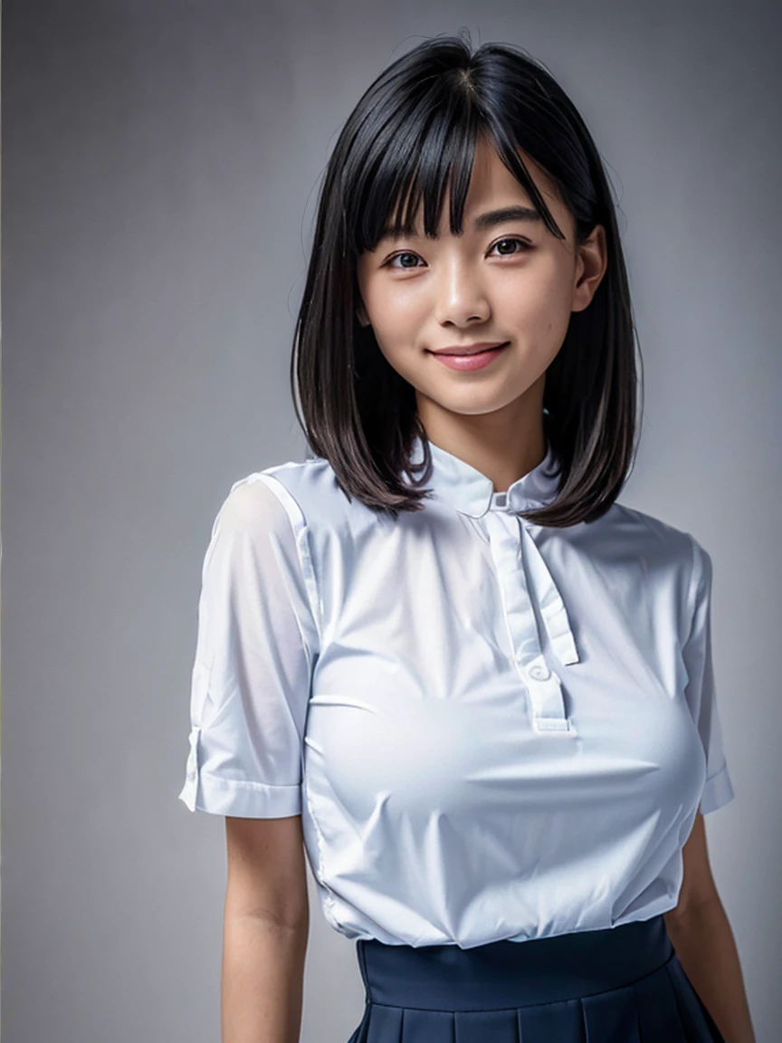 (high resolution:1.5),(8K:1.5),(High resolution:1.5),(masterpiece:1.5),Young face,10 year old Japanese girl,Looking at this,smile,Big Breasts,A white blouse that shows the shape of your breasts,Navy blue pleated mini skirt,whole body