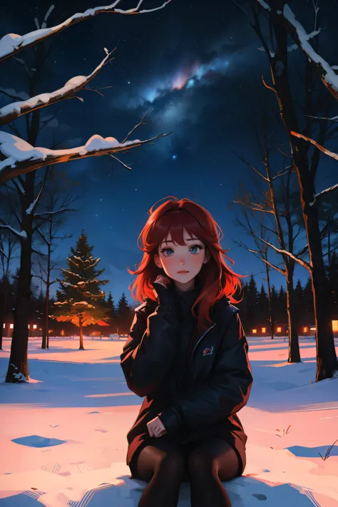 girl with red hair sits in front of a tree and looks at the night sky. und dabei ist sie traurig. best quality, 4k,