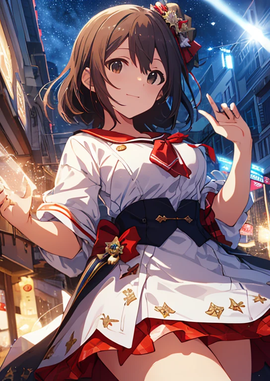  (Idol Master), (highest quality, 8k, masterpiece, Very detailed:1.4), (Lens flare, Particles of light, Shine), Big Breasts, smile, Open your mouth, masterpiece, highest quality, Very detailed, High resolution, Very detailedなCG, masterpiece, Official Art, From below,  Perfect body, Red Check Skirt, Sailor suit, Night Park