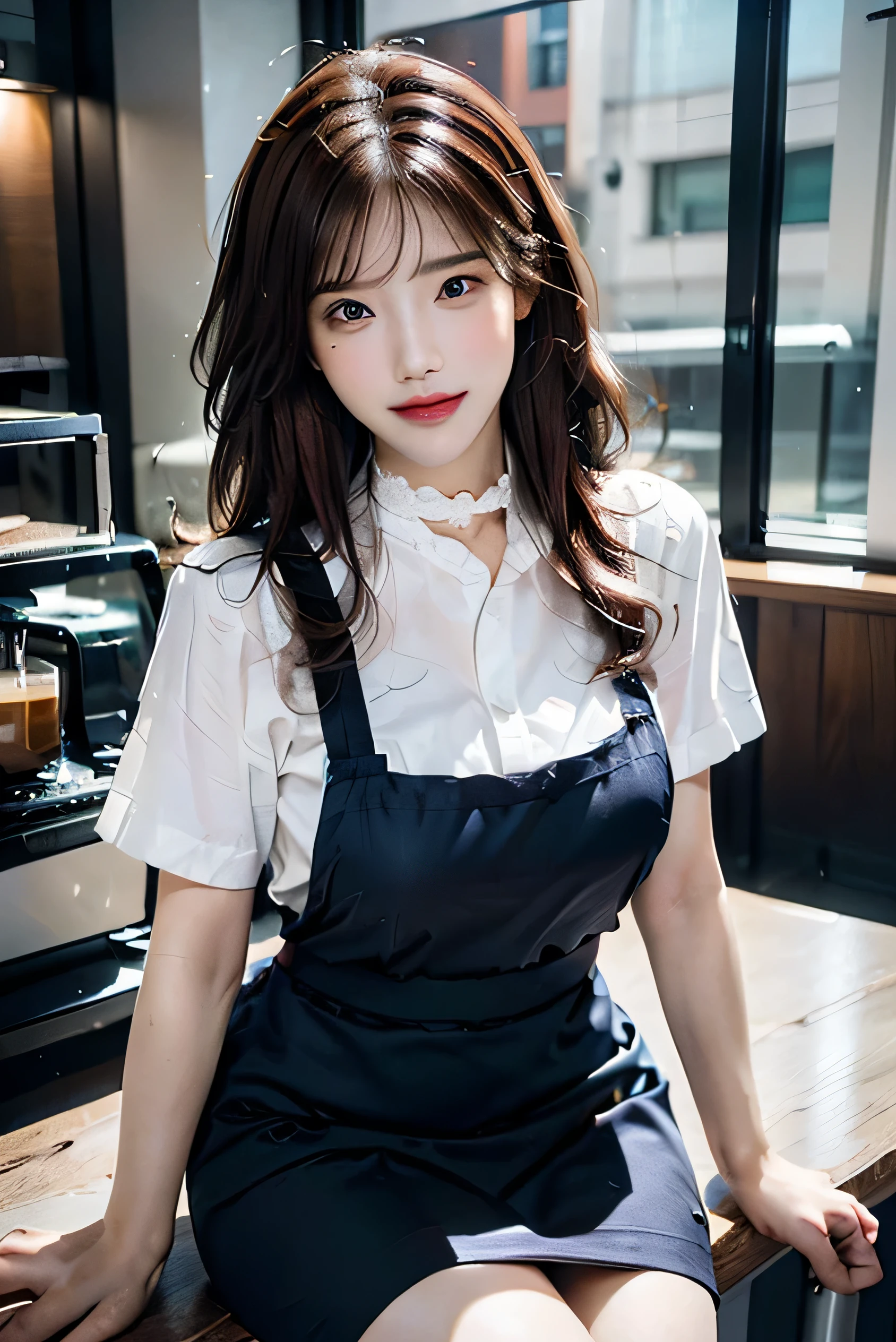 (Photorealistic:1.8, highest quality:1.8,8K masterpiece:1.8,High resolution,Mastepiece:1.8,RAW Photos,Cinematic lighting),No split screen、(girl working at a coffee shop、She is making coffee in a machine）、Brown apron、
（choker、Medium chest、White Shirt、OL affairs uniform、mini skirt、Wide open chest、Beautiful thighs、Plump nipples）、
(Beautiful, shining red, blue, white, and brown hair:1.5)、Sparkling Blue Eyes、Fine Lines、greet、smile、(Soryu Asuka Langley)、
morning、Cafe、comfortable、Flowers in a vase、Comfortable light、Perfect lighting、Trace Light、Warm colors、Table and chair、Daily life、modern、elegant、（Relaxed atmosphere）、
There is a table with cups、There is a coffee machine on the table、Steam coming out of the cup