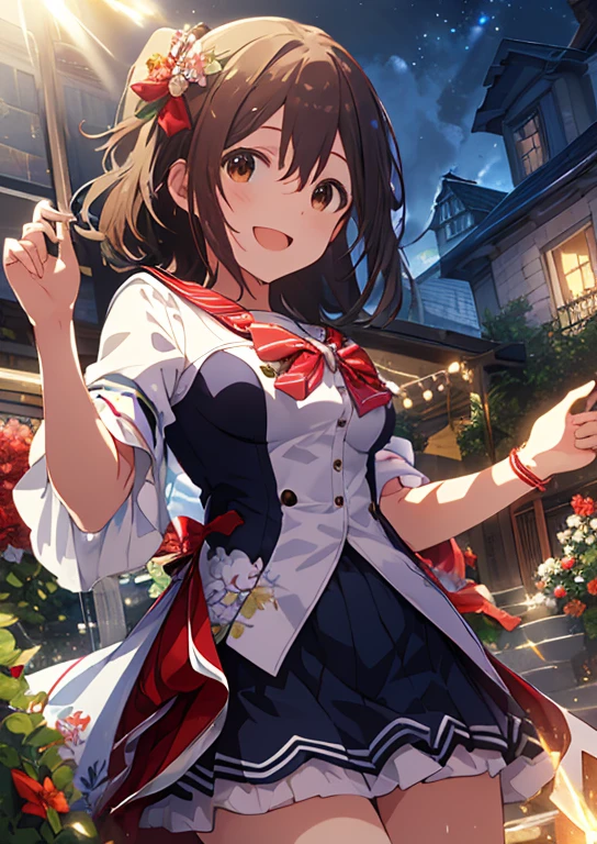  (Idol Master), (highest quality, 8k, masterpiece, Very detailed:1.4), (Lens flare, Particles of light, Shine), Big Breasts, smile, Open your mouth, masterpiece, highest quality, Very detailed, High resolution, Very detailedなCG, masterpiece, Official Art, From below,  Perfect body, Red checked skirt, Sailor suit, night, garden, squirt