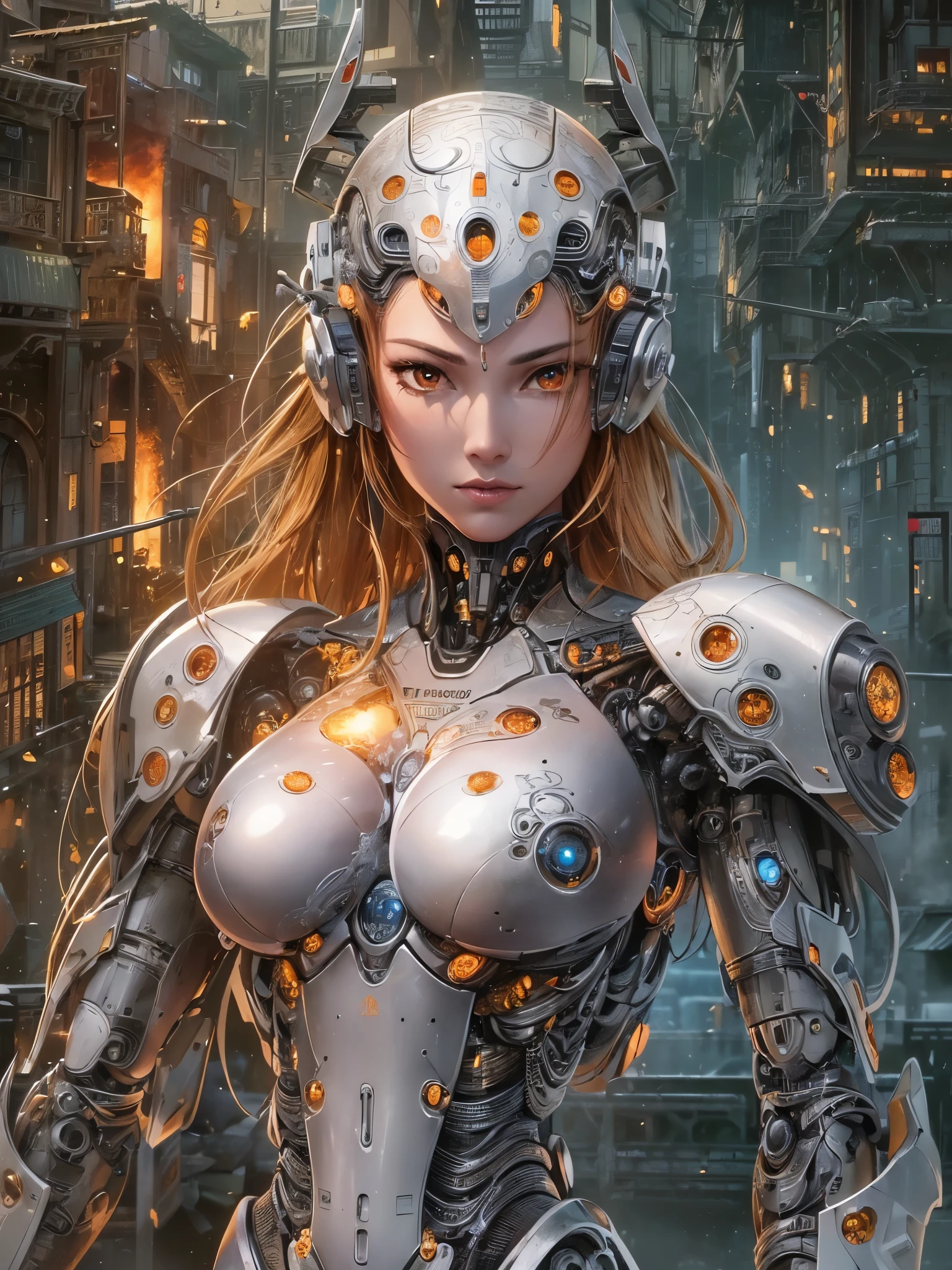 ((highest quality)),(Ultra-high resolution),(Very detailed),(Detailed Description),((The best CG)),(A masterpiece),Ultra-precise art,amazing drawing art,(Sci-fi art with intricate detail:1.5), (Female Cyborg:1.5),(Beautiful and well-proportioned face:1.4), Burning fighting spirit,Hard Mechanism,