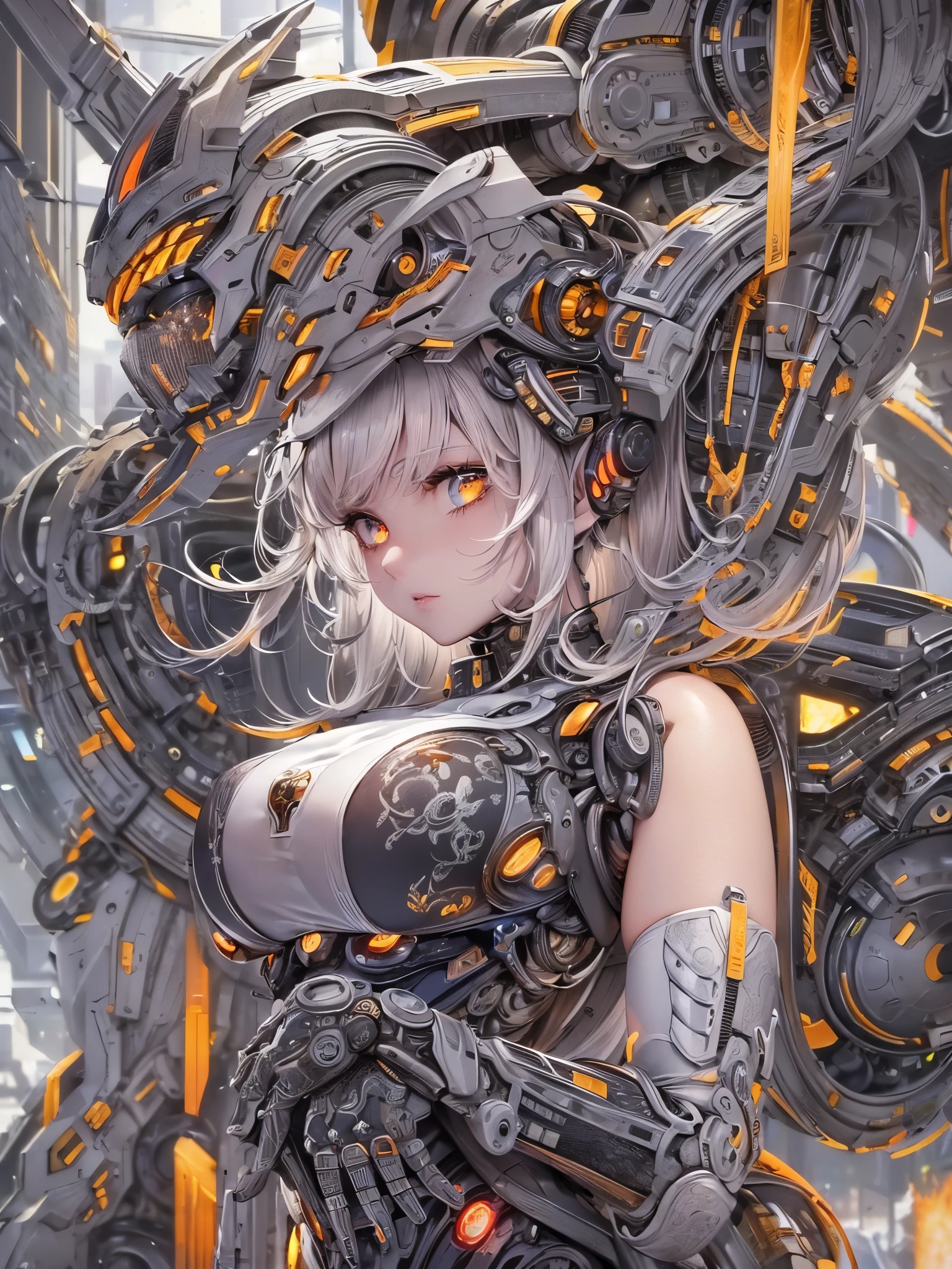 ((highest quality)),(Ultra-high resolution),(Very detailed),(Detailed Description),((The best CG)),(A masterpiece),Ultra-precise art,amazing drawing art,(Sci-fi art with intricate detail:1.5), (Female Cyborg:1.5),(Beautiful and well-proportioned face:1.4), Burning fighting spirit,Hard Mechanism,