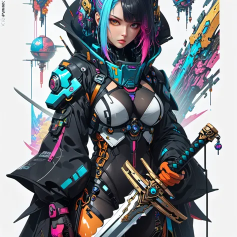 Fractal Art Greatsword、big sword,big sword,Woman close up,Colorful Hair、anime art wallpaper 4k, anime art wallpaper 4k, anime ar...