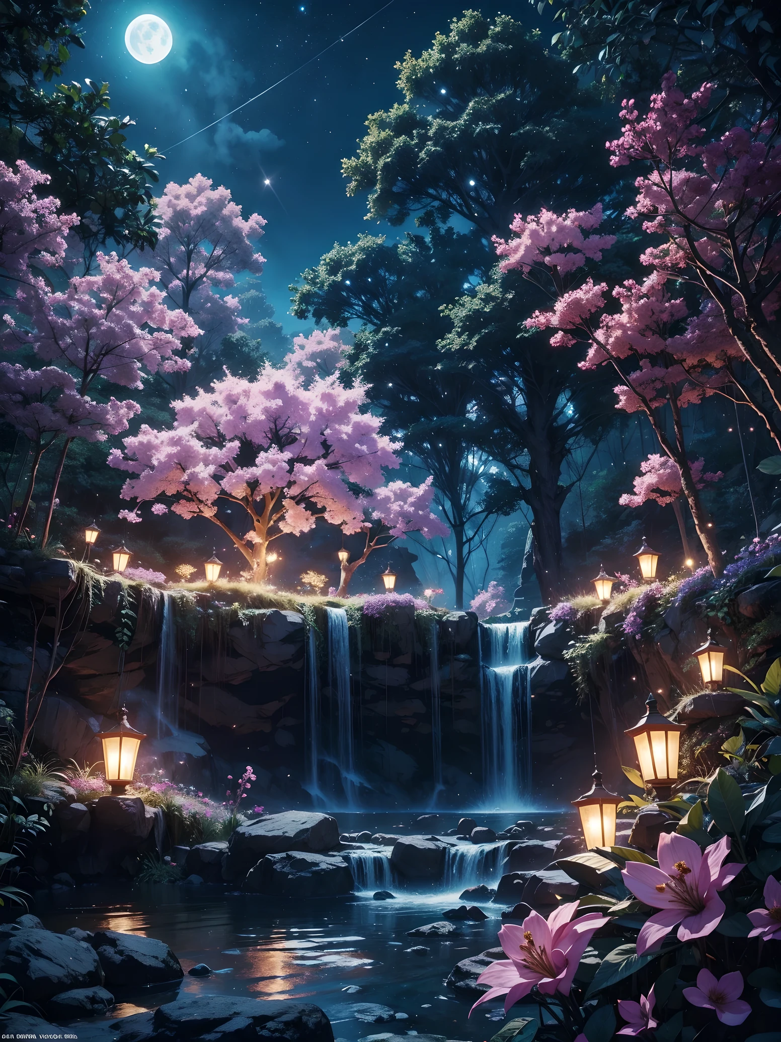 妖精の光の複雑で見事なディスプレイ, 輝くパステルライト付き, ジャングルの木々を繊細に包み込む, 花の周りには鮮やかな色があります, 夜間, 周囲の月明かり