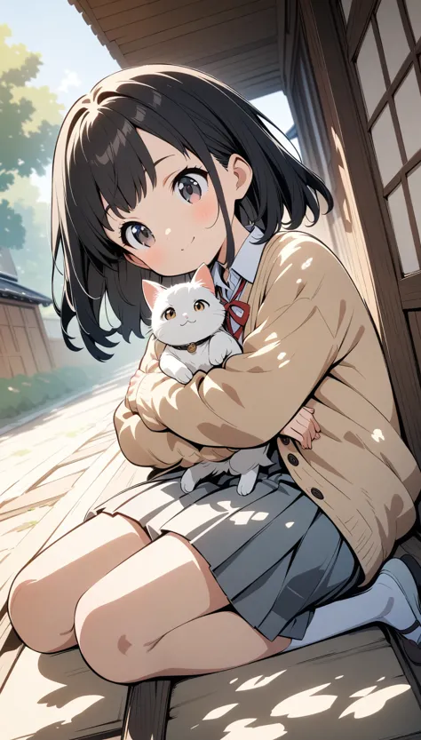 full body,Anime Style, Dynamic Angle, 8K,1 cute girl,(cute:1.3),1 girl, Watching the audience, porch of a Japanese house,｛school uniform, cardigan｝, Snazzy, Trendy clothes,Hug a kitten,(Dappled Sunshine:1.2),Blurred,(Written boundary depth:1.1),Head tilt