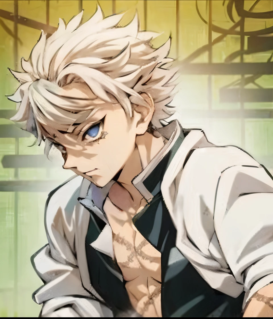 Anime guy with blonde hair and blue eyes in a white shirt - SeaArt AI