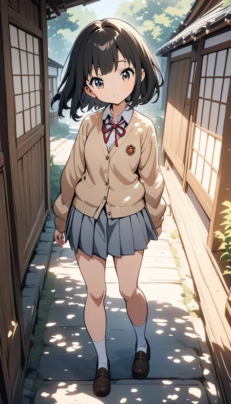 full body,Anime Style, Dynamic Angle, 8K,1 cute girl,(cute:1.3),1 girl, Watching the audience, porch of a Japanese house,｛school uniform, cardigan｝, Snazzy, Trendy clothes,(Dappled Sunshine:1.2),Blurred,(Written boundary depth:1.1),Head tilt