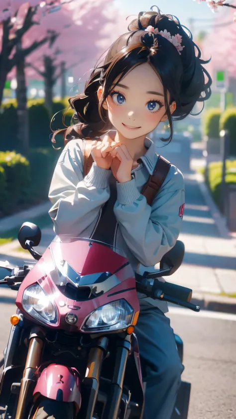 (girl riding a motorcycle:1.2),A park where cherry blossoms dance,high school girl,(random cute pose),(random hairstyle),(Highes...