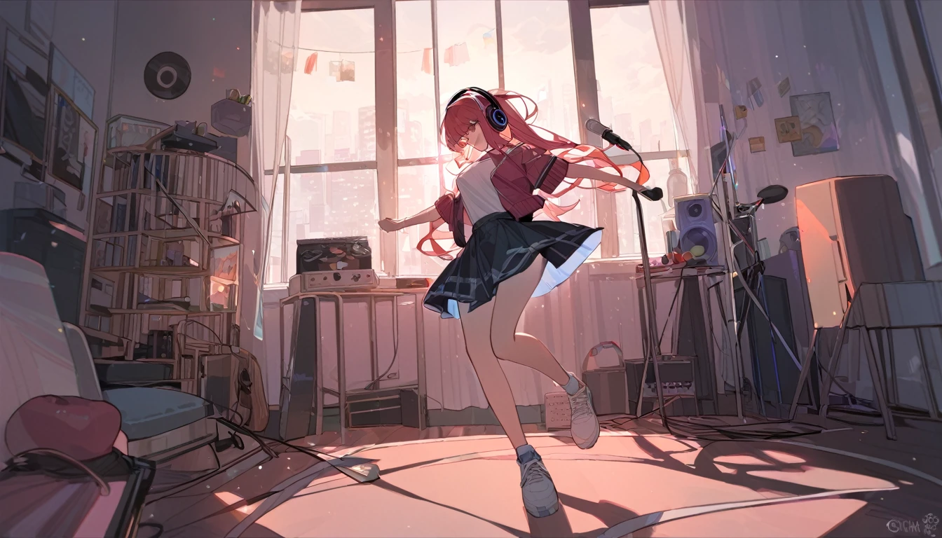 A girl dancing solo with headphones on in her room - "Solo jam session",chat ear