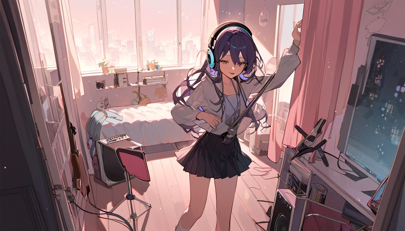 A girl dancing solo with headphones on in her room - "Solo jam session",chat ear