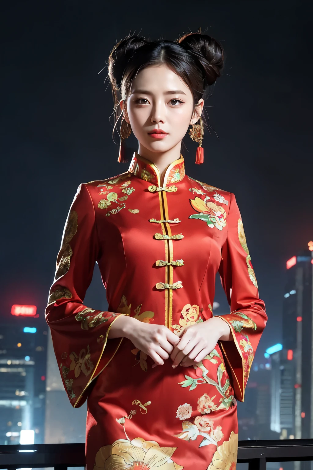 (Лучшее качество,ультрадетализированный,реалистичный:1.37), цифровая иллюстрация, ( женщина в традиционном китайском костюме), Детализированные глаза и лицо, красивые детализированные губы, красные губы, сексуальное тело, большая грудь,длинные ресницы, большая грудь:1.5, (Фото крупным планом),  Капитан Америка в традиционном китайском костюме, длинные волосы, прическа пучок, ((Сделай фото снизу бедра)),яркие цвета, Драматическое освещение, стиль комиксов,  женщина в китайском костюме, позиция:стоя, соблазнительная поза, небоскреб фон, посмотреть темное небо, высокие здания