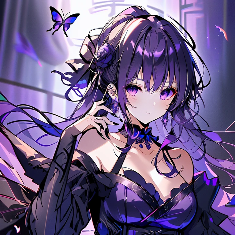 (highest quality,Super detailed,High resolution,wonderful,Attention to detail)Purple Eyes,Purple Hair,Long Hair,ponytail,ハイponytail,Earrings,choker,Cinema Lighting,gorgeous,Butterflies fluttering,Rose Garden,gothic  dress,Black Dress,Black Nails,Queen,A graceful smile,Sharp Eyes,Holding a folding fan,beautiful